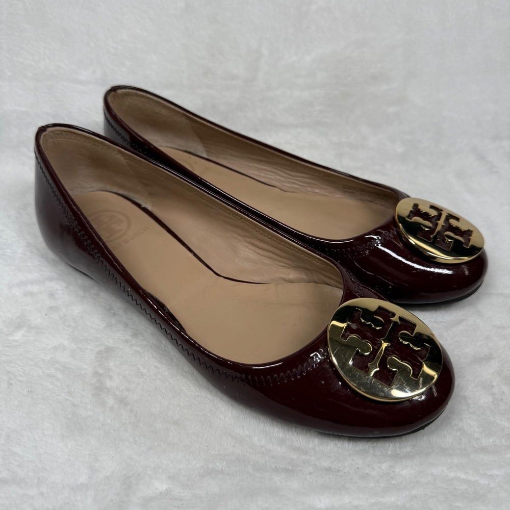 Tory Burch Reva Ballet Flats Burgundy Patent Leather Gold Medallion Womens 7M